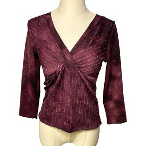 Y2K Burgundy Sequin Long Sleeve Top Sz M Witchy Fairycore Boho Romantic